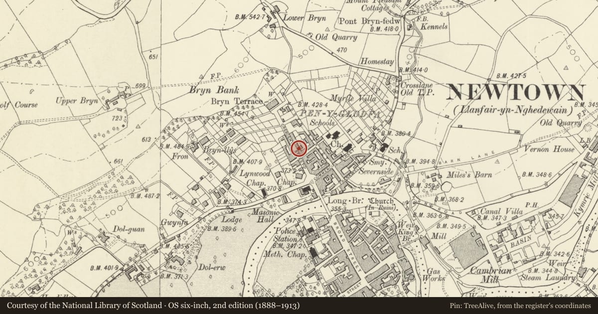 Ordnance Survey six-inch map, 2nd edition (1888–1913) covering the location of 34 Crescent Street, Newtown and Llanllwchaiarn, Powys, with a pin at the register's coordinates