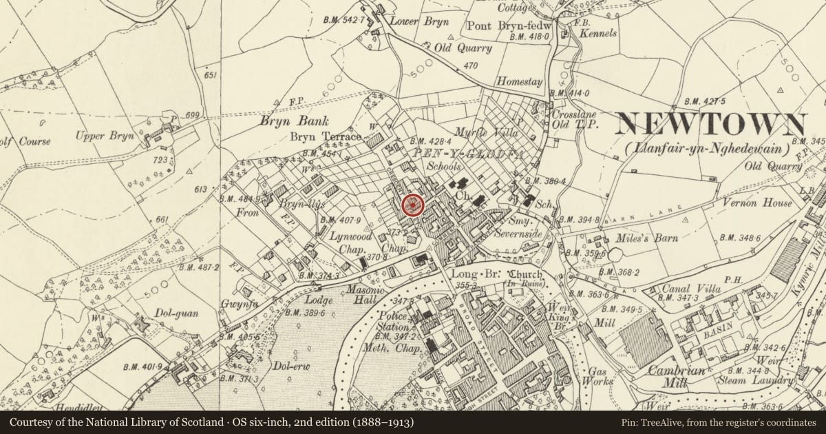 Ordnance Survey six-inch map, 2nd edition (1888–1913) covering the location of 35 Crescent Street, Newtown and Llanllwchaiarn, Powys, with a pin at the register's coordinates
