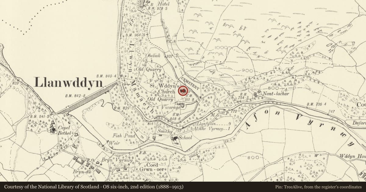 Ordnance Survey six-inch map, 2nd edition (1888–1913) covering the location of Parish Church of St Wddyn, Llanwddyn, Powys, with a pin at the register's coordinates
