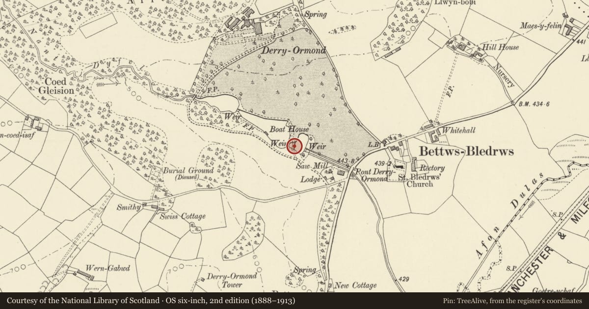 Ordnance Survey six-inch map, 2nd edition (1888–1913) covering the location of Bridge at Derry Ormond, Llangybi, Ceredigion, with a pin at the register's coordinates