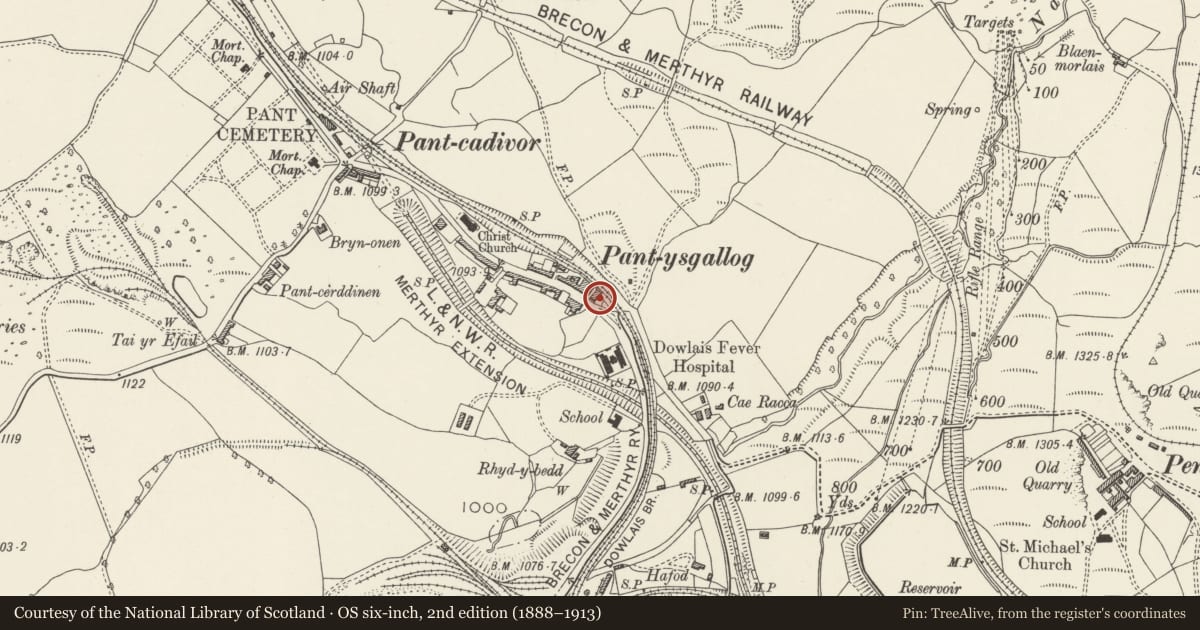 Ordnance Survey six-inch map, 2nd edition (1888–1913) covering the location of The War Memorial, screen walls and surrounding railings, Pant, Merthyr Tydfil, with a pin at the register's coordinates
