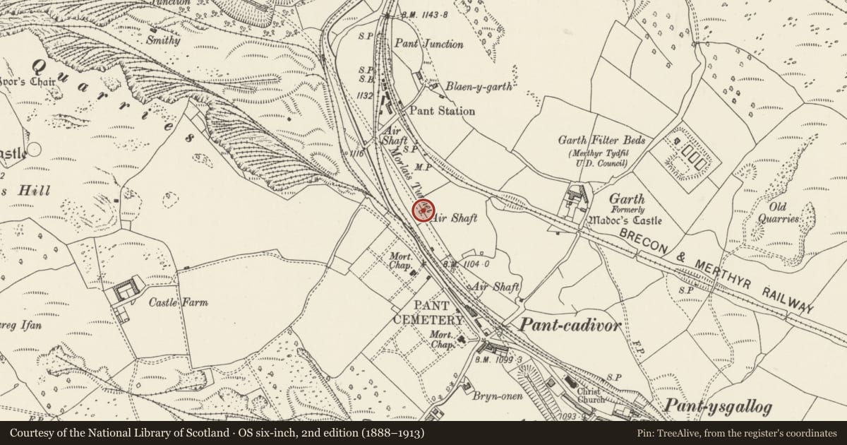 Ordnance Survey six-inch map, 2nd edition (1888–1913) covering the location of Centre ventilation shaft to Morlais Tunnel, Pant, Merthyr Tydfil, with a pin at the register's coordinates