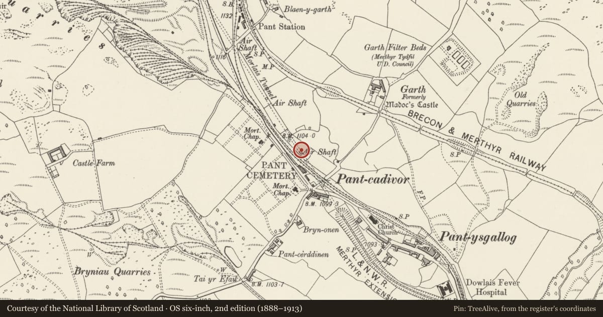 Ordnance Survey six-inch map, 2nd edition (1888–1913) covering the location of SE Ventilation Shaft to Morlais Tunnel, Pant, Merthyr Tydfil, with a pin at the register's coordinates