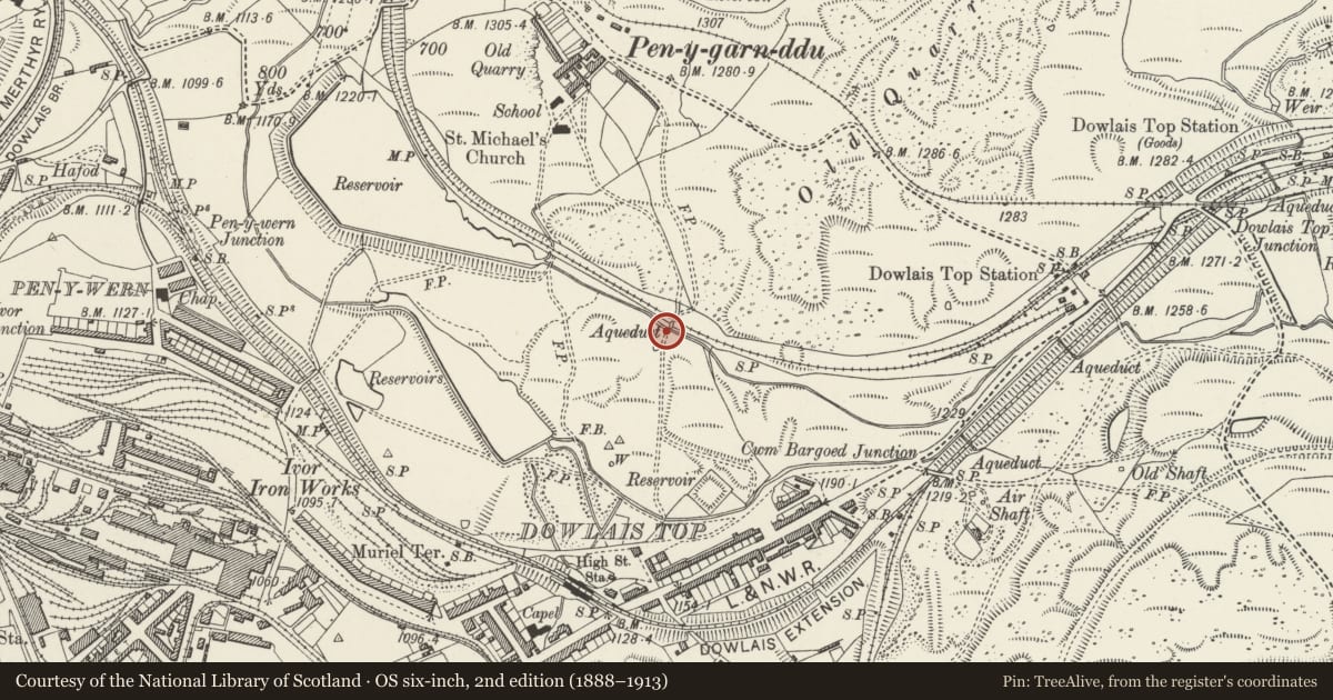 Ordnance Survey six-inch map, 2nd edition (1888–1913) covering the location of Aqueduct on Dowlais Free Drainage System, Pant, Merthyr Tydfil, with a pin at the register's coordinates