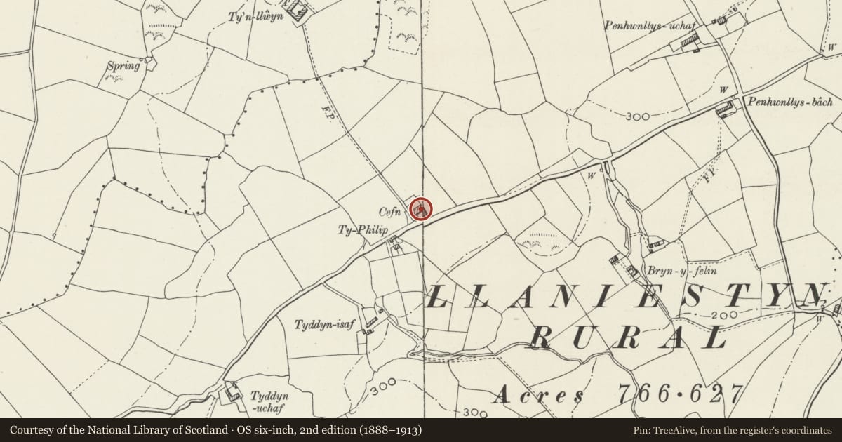 Ordnance Survey six-inch map, 2nd edition (1888–1913) covering the location of Cefn, Llanddona, Isle of Anglesey, with a pin at the register's coordinates