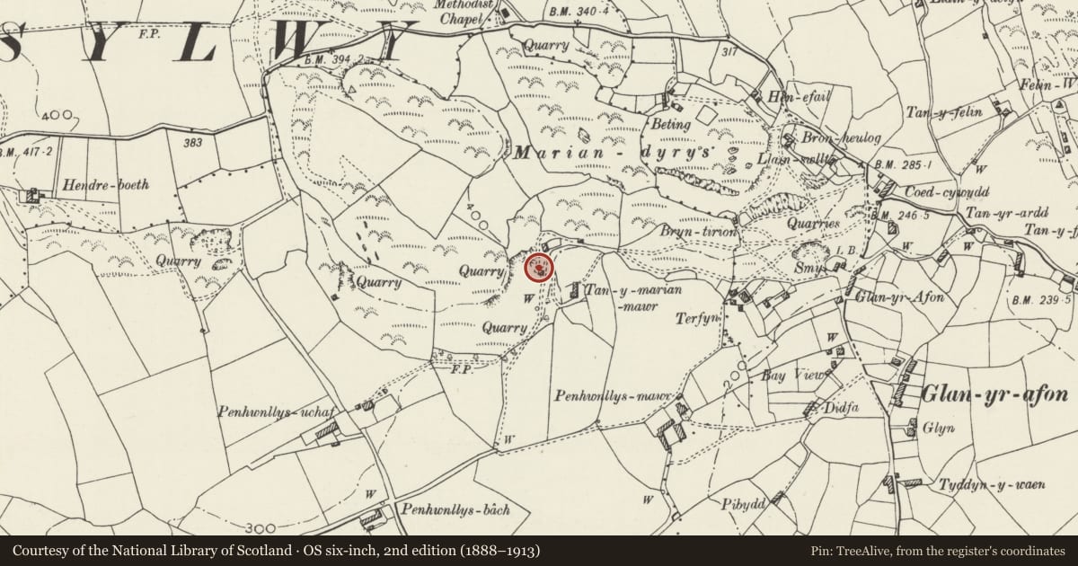 Ordnance Survey six-inch map, 2nd edition (1888–1913) covering the location of Limekiln at Penhwnllys, Llanddona, Isle of Anglesey, with a pin at the register's coordinates