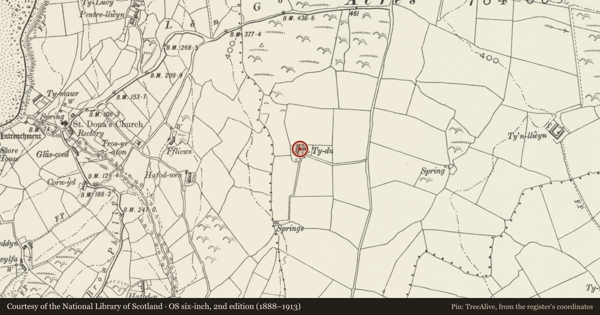 Ordnance Survey six-inch map, 2nd edition (1888–1913) covering the location of Ty Du, Llanddona, Isle of Anglesey, with a pin at the register's coordinates