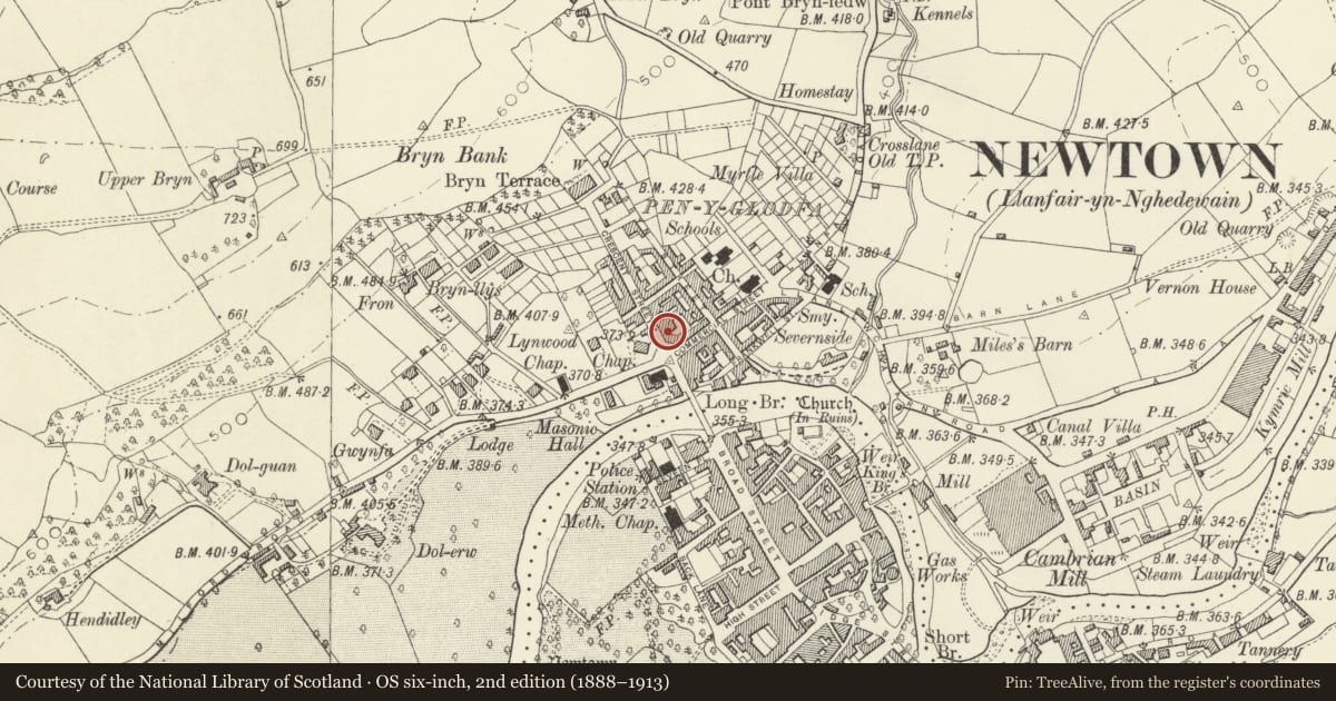 Ordnance Survey six-inch map, 2nd edition (1888–1913) covering the location of 44 Crescent Street (including Tunnel passage to 44A), Newtown and Llanllwchaiarn, Powys, with a pin at the register's coordinates