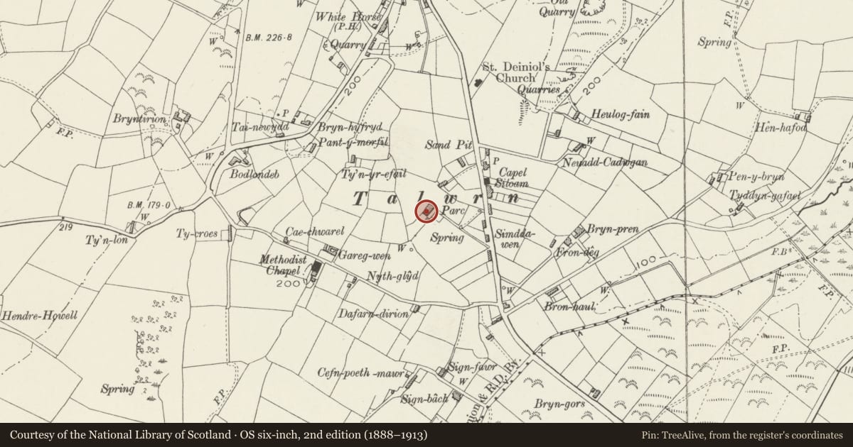 Ordnance Survey six-inch map, 2nd edition (1888–1913) covering the location of Parc, Llanddyfnan, Isle of Anglesey, with a pin at the register's coordinates