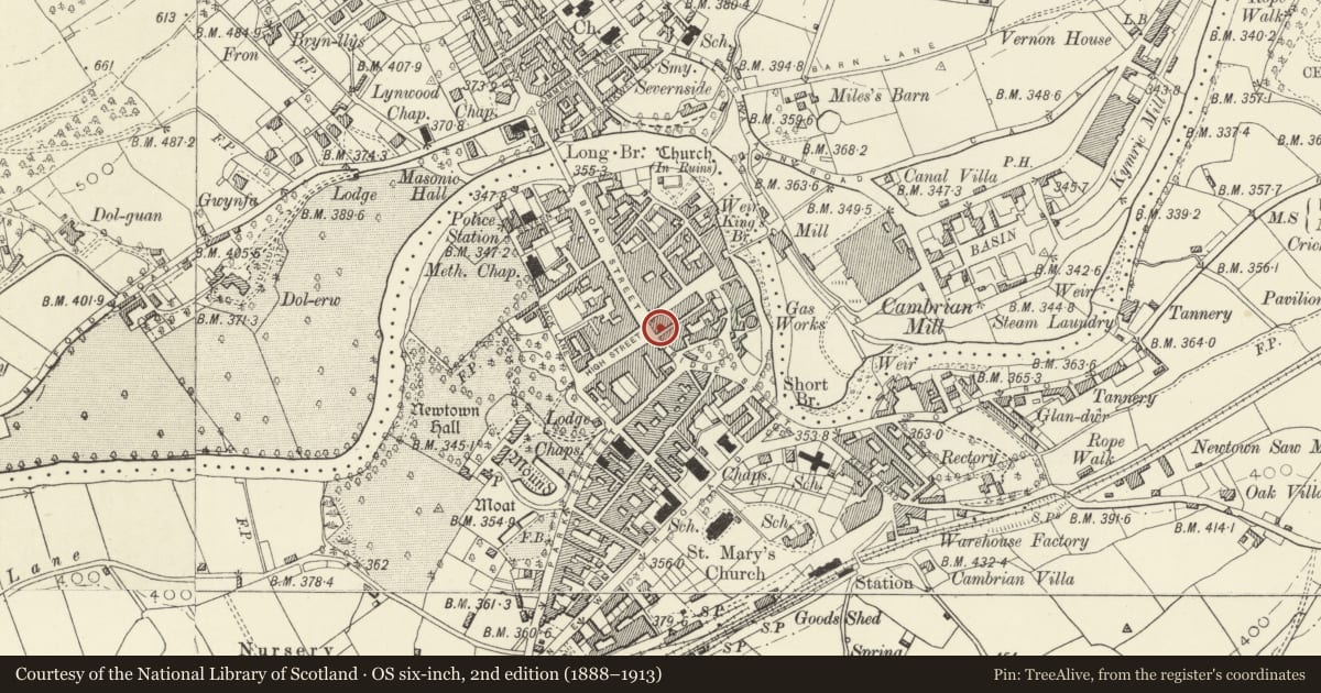 Ordnance Survey six-inch map, 2nd edition (1888–1913) covering the location of Farmer's Union of Wales, Newtown and Llanllwchaiarn, Powys, with a pin at the register's coordinates