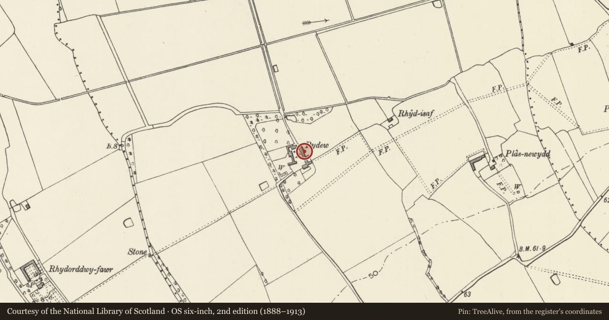 Ordnance Survey six-inch map, 2nd edition (1888–1913) covering the location of East Range of Farm Buildings at Pydew Farm, Prestatyn, Denbighshire, with a pin at the register's coordinates