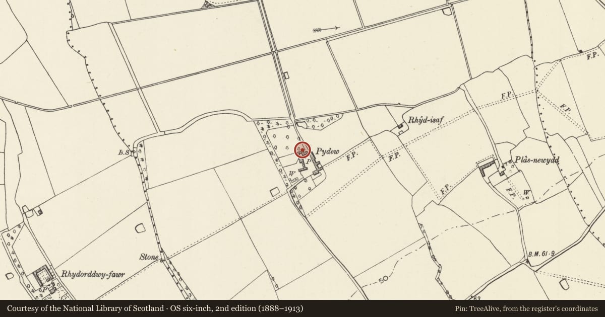 Ordnance Survey six-inch map, 2nd edition (1888–1913) covering the location of Old Farmhouse at Pydew Farm, Prestatyn, Denbighshire, with a pin at the register's coordinates