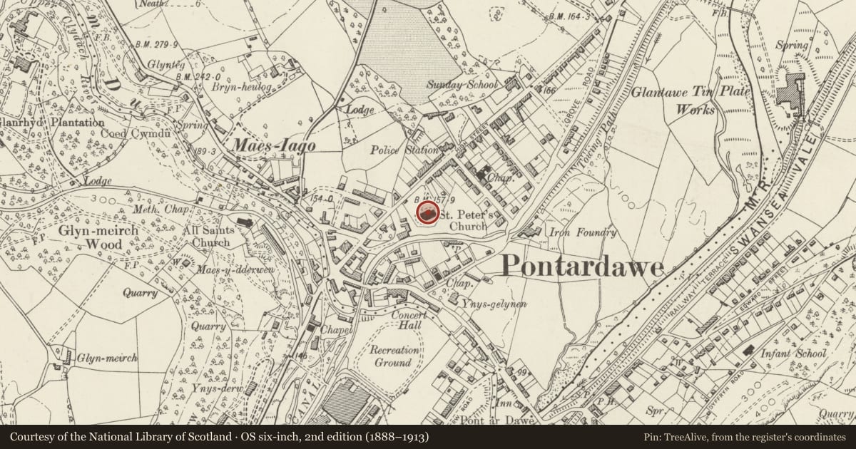 Ordnance Survey six-inch map, 2nd edition (1888–1913) covering the location of Church of Saint Peter, Pontardawe, Neath Port Talbot, with a pin at the register's coordinates