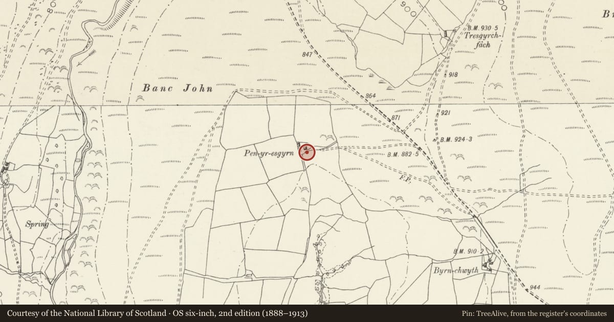 Ordnance Survey six-inch map, 2nd edition (1888–1913) covering the location of Circular pigsty at Pen-yr-esgym, Pontardawe, Neath Port Talbot, with a pin at the register's coordinates