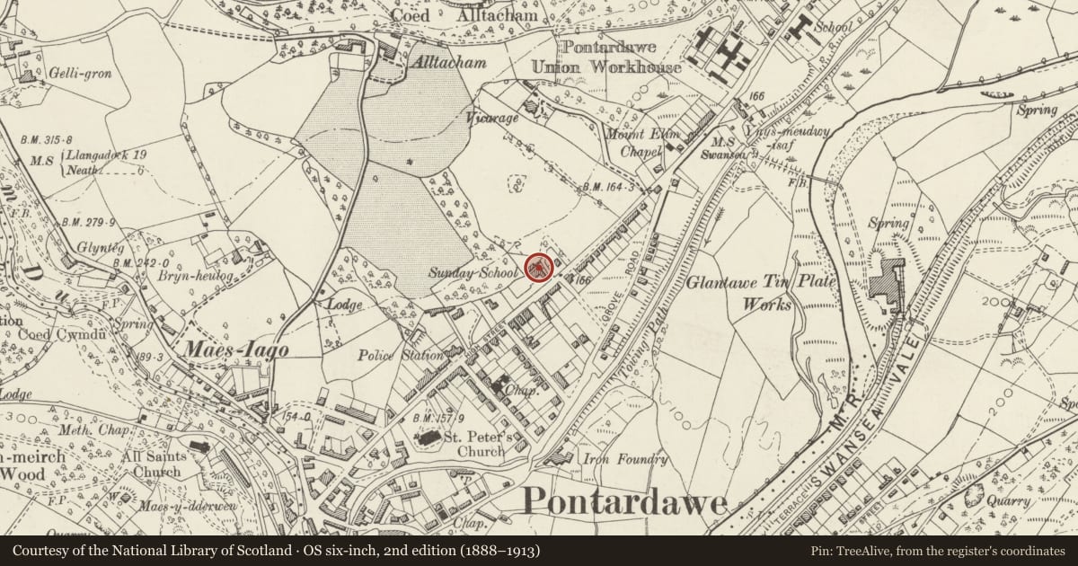 Ordnance Survey six-inch map, 2nd edition (1888–1913) covering the location of Former National Schools, Pontardawe, Neath Port Talbot, with a pin at the register's coordinates