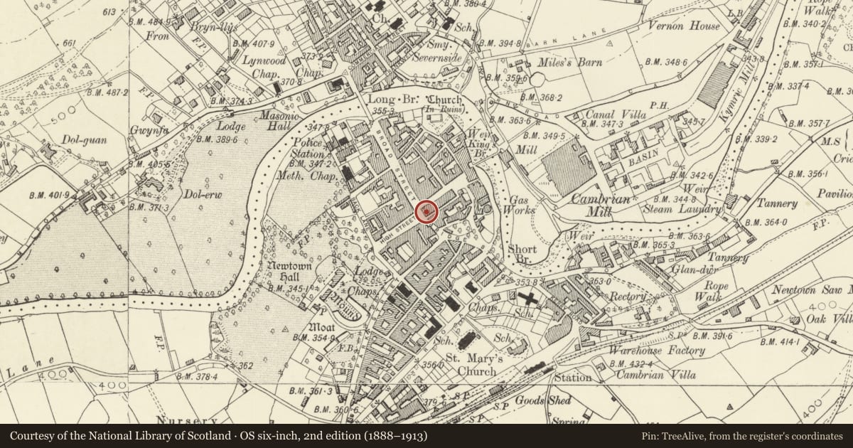 Ordnance Survey six-inch map, 2nd edition (1888–1913) covering the location of Barclays Bank, Newtown and Llanllwchaiarn, Powys, with a pin at the register's coordinates