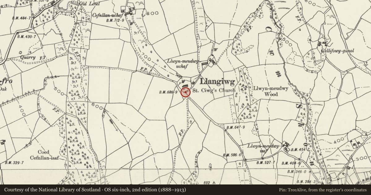 Ordnance Survey six-inch map, 2nd edition (1888–1913) covering the location of Gate and gatepiers to Church of St Ciwg, Pontardawe, Neath Port Talbot, with a pin at the register's coordinates