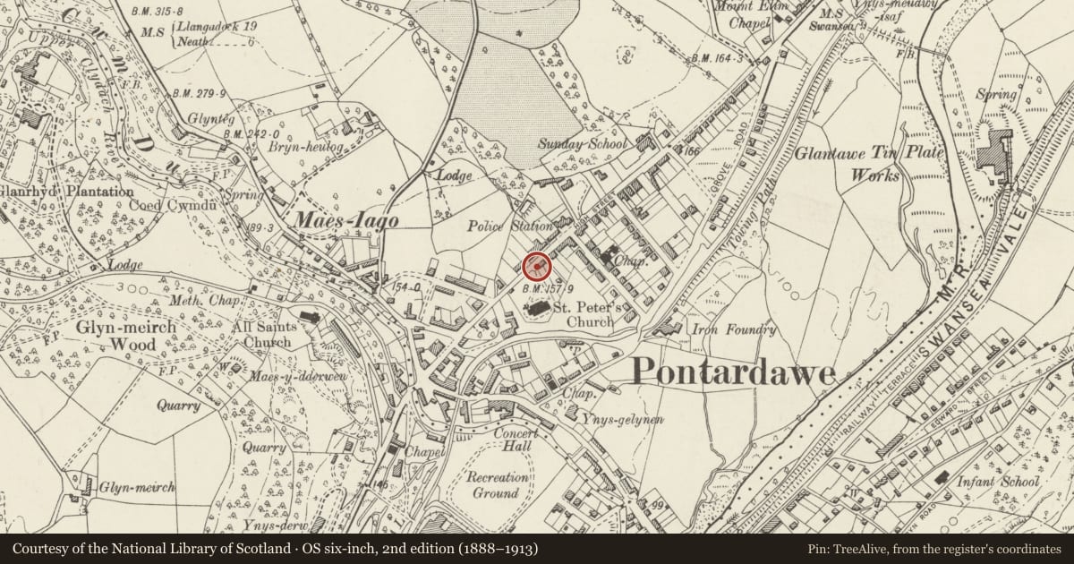 Ordnance Survey six-inch map, 2nd edition (1888–1913) covering the location of Gatepiers and gates to Church of Saint Peter, Pontardawe, Neath Port Talbot, with a pin at the register's coordinates