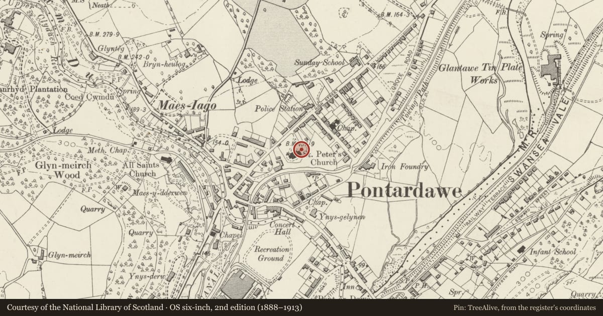 Ordnance Survey six-inch map, 2nd edition (1888–1913) covering the location of Graveslab and railings to William Parsons, churchyard of Church of Saint Peter, Pontardawe, Neath Port Talbot, with a pin at the register's coordinates