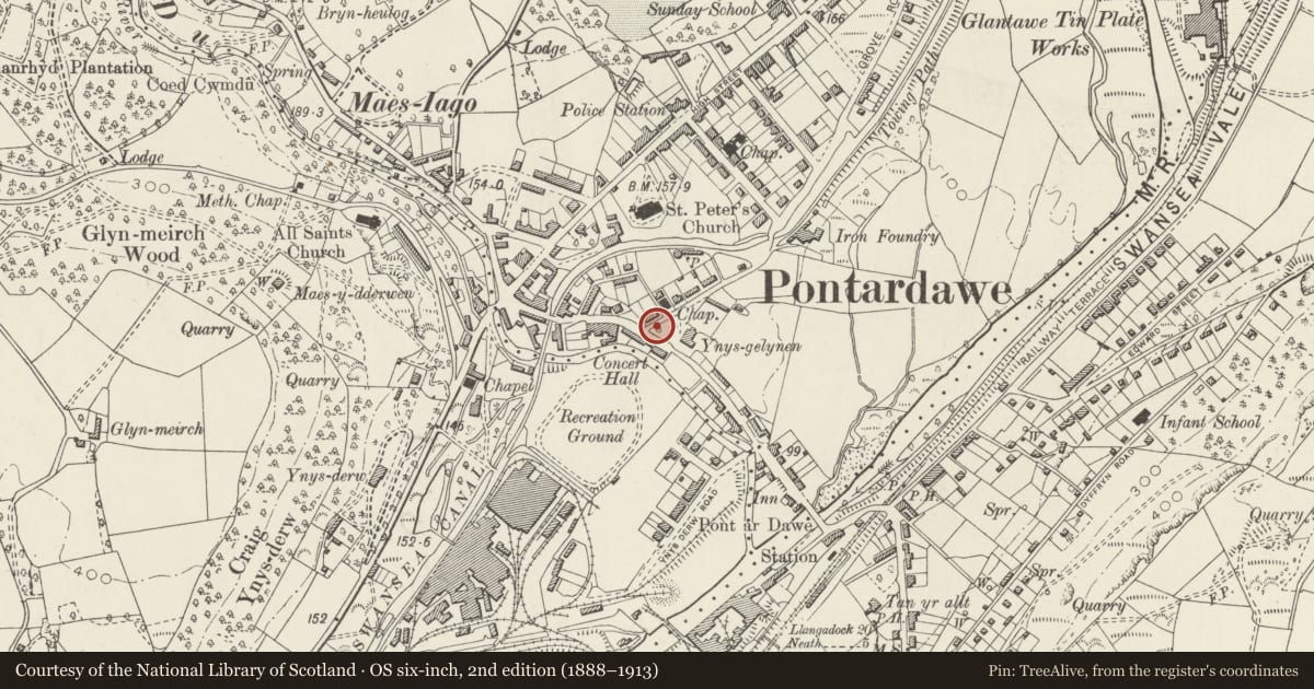 Ordnance Survey six-inch map, 2nd edition (1888–1913) covering the location of The War Memorial, Pontardawe, Neath Port Talbot, with a pin at the register's coordinates