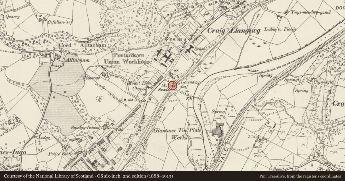 Ordnance Survey six-inch map, 2nd edition (1888–1913) covering the location of Ynysmeudwy Isaf Overbridge on Swansea Canal, Pontardawe, Neath Port Talbot, with a pin at the register's coordinates