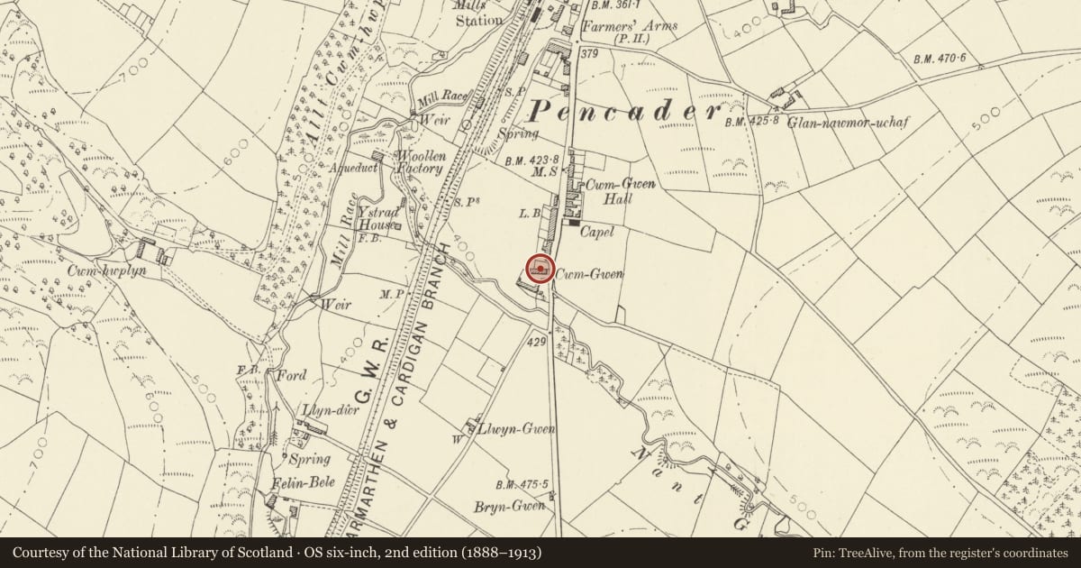 Ordnance Survey six-inch map, 2nd edition (1888–1913) covering the location of Cwmgwen Farmhouse, with attached agricultural range, Llanfihangel-ar-Arth, Carmarthenshire, with a pin at the register's coordinates