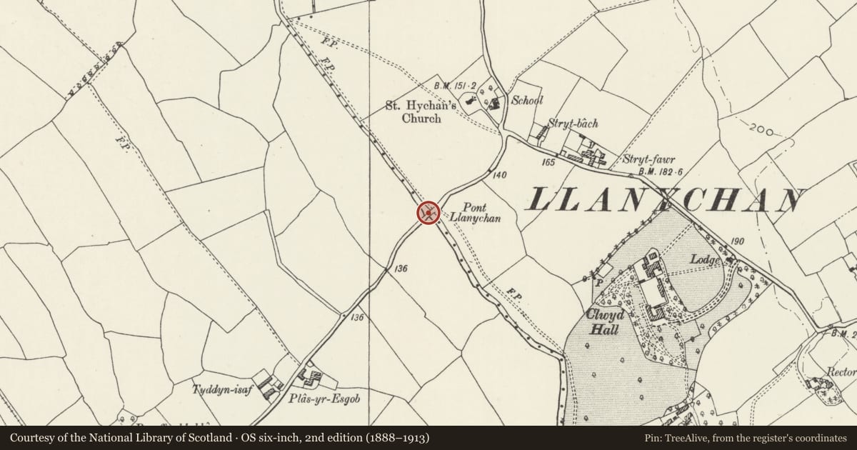 Ordnance Survey six-inch map, 2nd edition (1888–1913) covering the location of Pont Llanychan (partly in Llangynhafal community), Llanynys, Denbighshire, with a pin at the register's coordinates