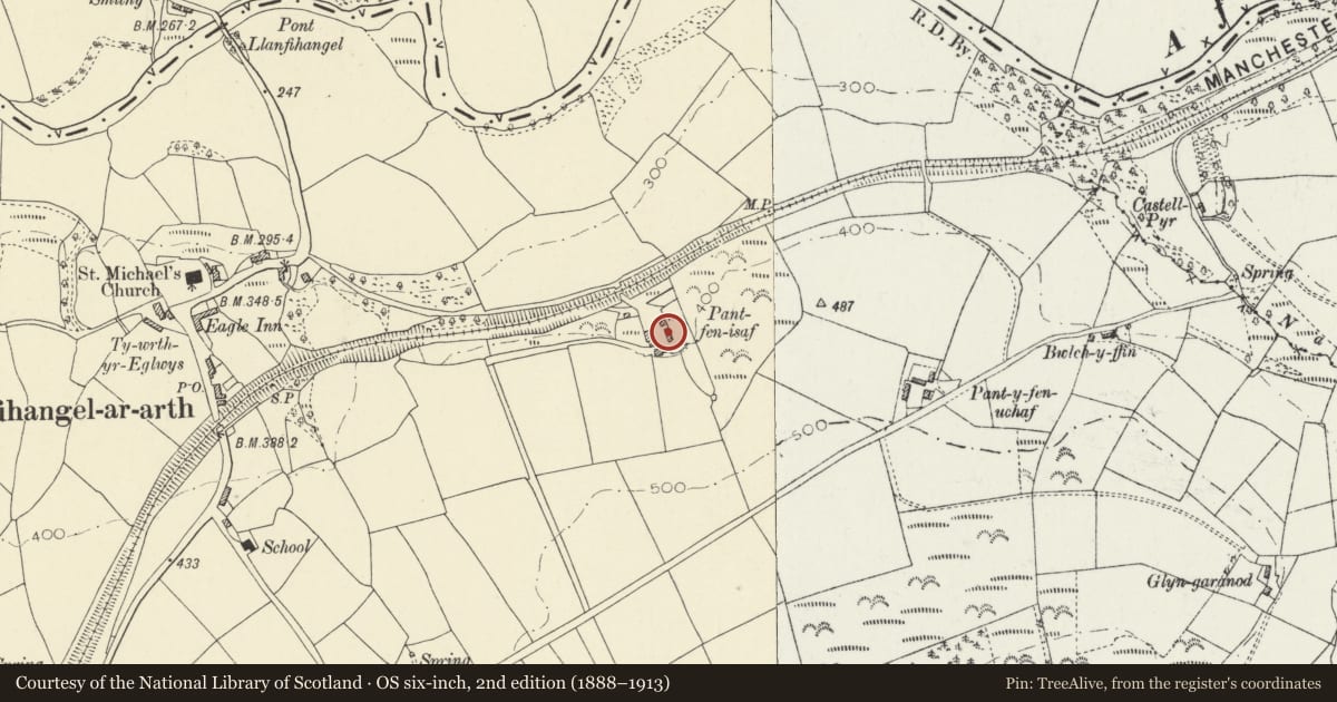 Ordnance Survey six-inch map, 2nd edition (1888–1913) covering the location of Multi-purpose farm building at Pantyfen Isaf, Llanfihangel-ar-Arth, Carmarthenshire, with a pin at the register's coordinates