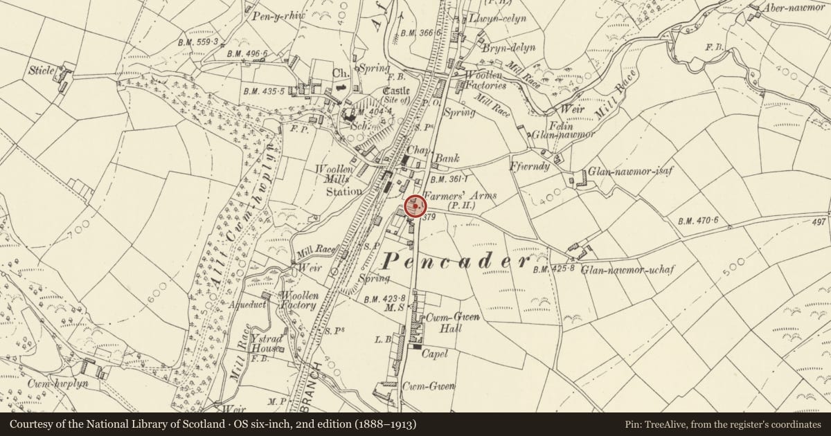 Ordnance Survey six-inch map, 2nd edition (1888–1913) covering the location of Pencader War Memorial, Llanfihangel-ar-Arth, Carmarthenshire, with a pin at the register's coordinates