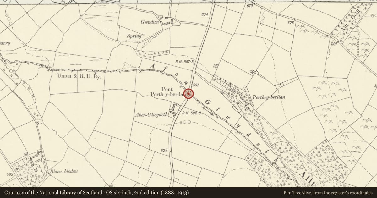 Ordnance Survey six-inch map, 2nd edition (1888–1913) covering the location of Perthyberllan bridge marker stone (partly in Llanllwni Community), Llanfihangel-ar-Arth, Carmarthenshire, with a pin at the register's coordinates