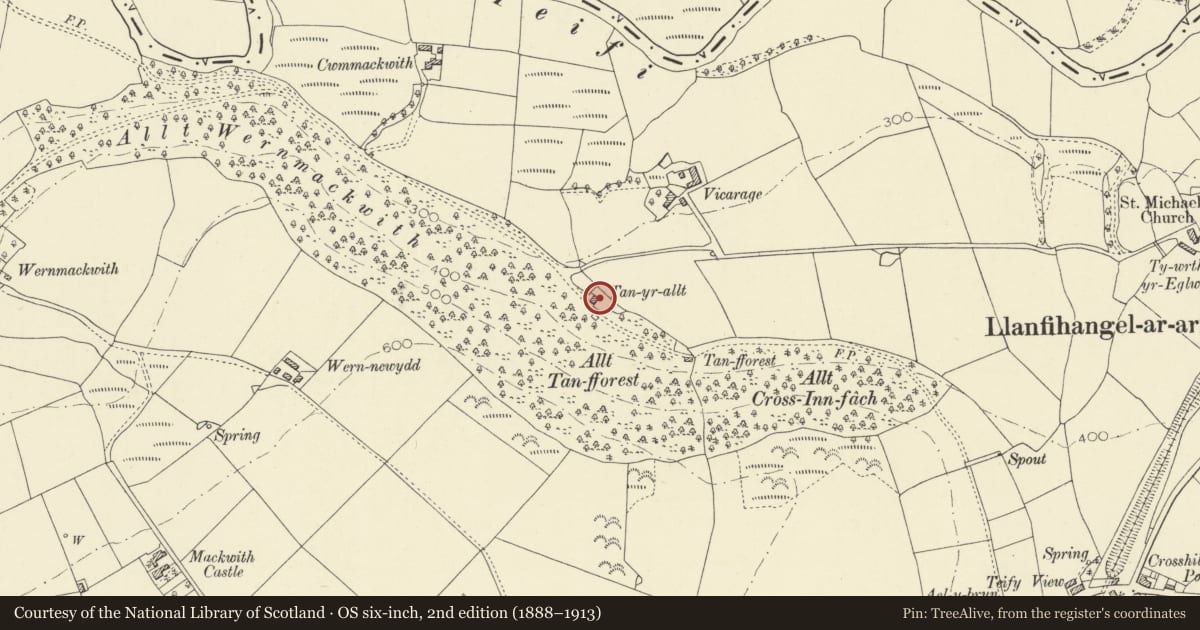 Ordnance Survey six-inch map, 2nd edition (1888–1913) covering the location of Tan-yr-allt, Llanfihangel-ar-Arth, Carmarthenshire, with a pin at the register's coordinates