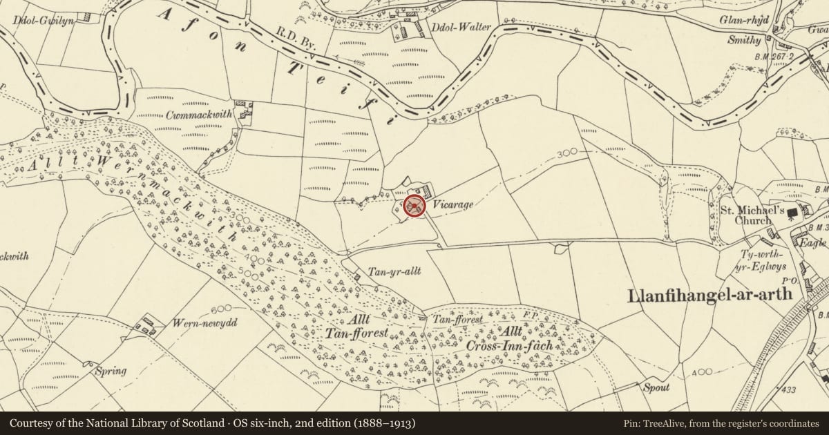Ordnance Survey six-inch map, 2nd edition (1888–1913) covering the location of Vicarage Farm, Llanfihangel-ar-Arth, Carmarthenshire, with a pin at the register's coordinates