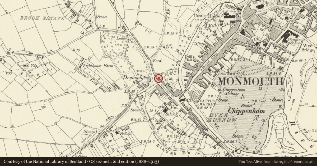 Ordnance Survey six-inch map, 2nd edition (1888–1913) covering the location of 43 Drybridge Street, Monmouth, Monmouthshire, with a pin at the register's coordinates