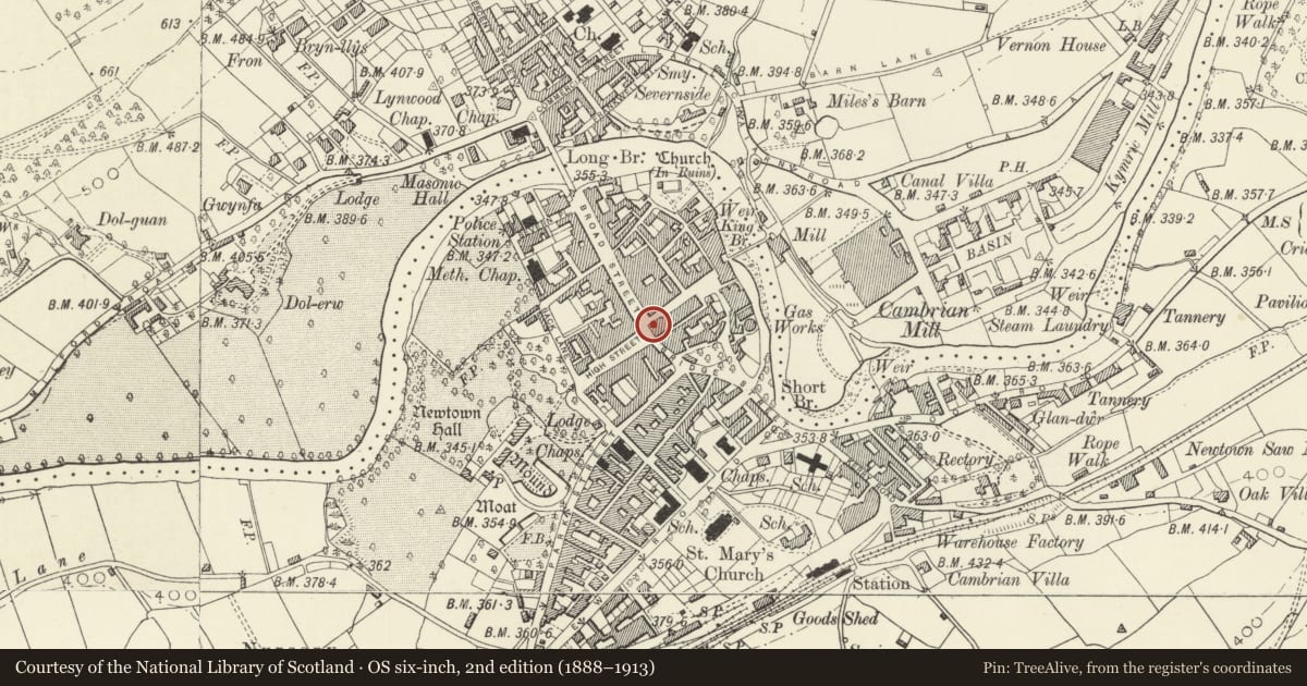 Ordnance Survey six-inch map, 2nd edition (1888–1913) covering the location of Powys Probation Service Area Office, Newtown and Llanllwchaiarn, Powys, with a pin at the register's coordinates