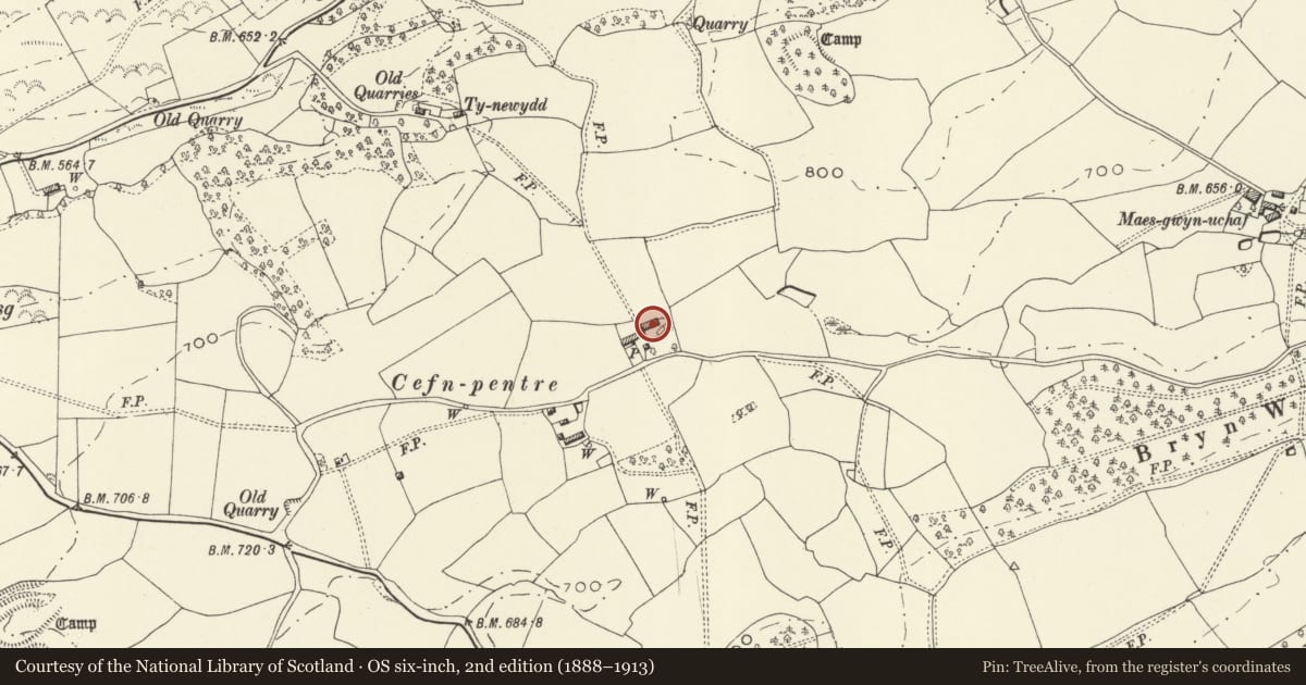 Ordnance Survey six-inch map, 2nd edition (1888–1913) covering the location of Detached farm range at Cefn Pentre, Meifod, Powys, with a pin at the register's coordinates