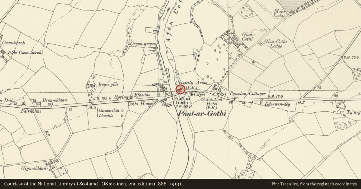 Ordnance Survey six-inch map, 2nd edition (1888–1913) covering the location of Cresselly Arms, Llanegwad, Carmarthenshire, with a pin at the register's coordinates
