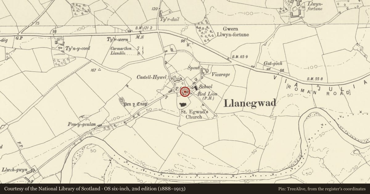 Ordnance Survey six-inch map, 2nd edition (1888–1913) covering the location of Mounting block at N entrance to Llanegwad churchyard, Carmarthenshire, with a pin at the register's coordinates