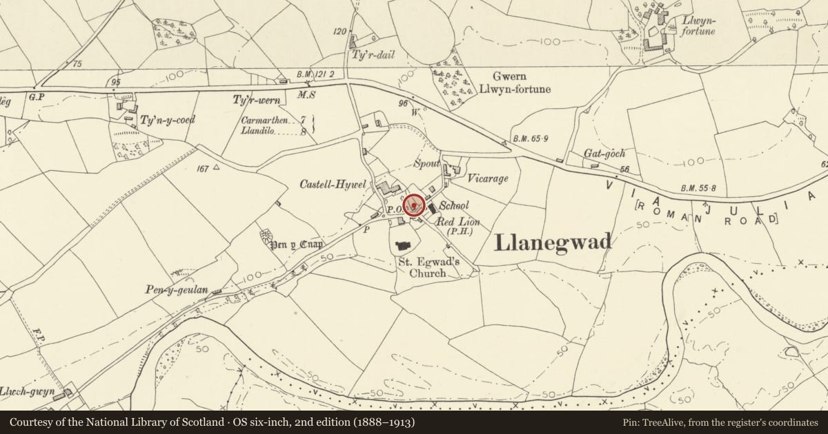 Ordnance Survey six-inch map, 2nd edition (1888–1913) covering the location of Ty Llandre, Llanegwad, Carmarthenshire, with a pin at the register's coordinates