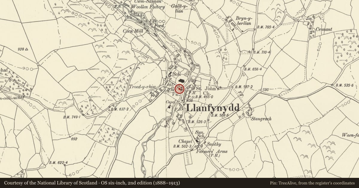 Ordnance Survey six-inch map, 2nd edition (1888–1913) covering the location of Llanfynydd War Memorial, Carmarthenshire, with a pin at the register's coordinates
