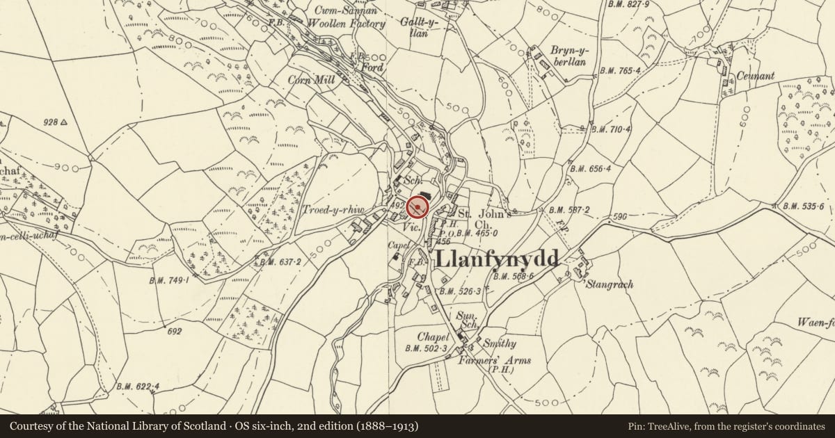 Ordnance Survey six-inch map, 2nd edition (1888–1913) covering the location of Lych gate at entrance to Llanfynydd churchyard, Carmarthenshire, with a pin at the register's coordinates