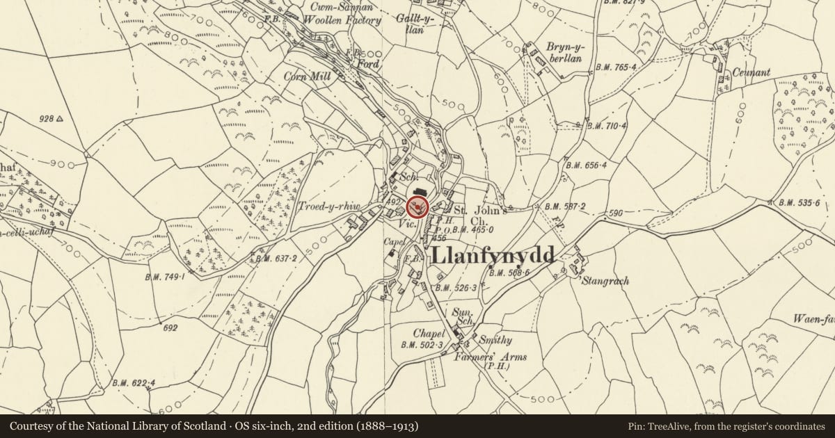 Ordnance Survey six-inch map, 2nd edition (1888–1913) covering the location of Telephone Call-box on S side of Llanfynydd churchyard, Carmarthenshire, with a pin at the register's coordinates
