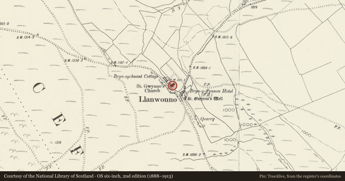 Ordnance Survey six-inch map, 2nd edition (1888–1913) covering the location of Church of St Gwynno, Ynysybwl and Coed-y-Cwm, Rhondda Cynon Taff, with a pin at the register's coordinates