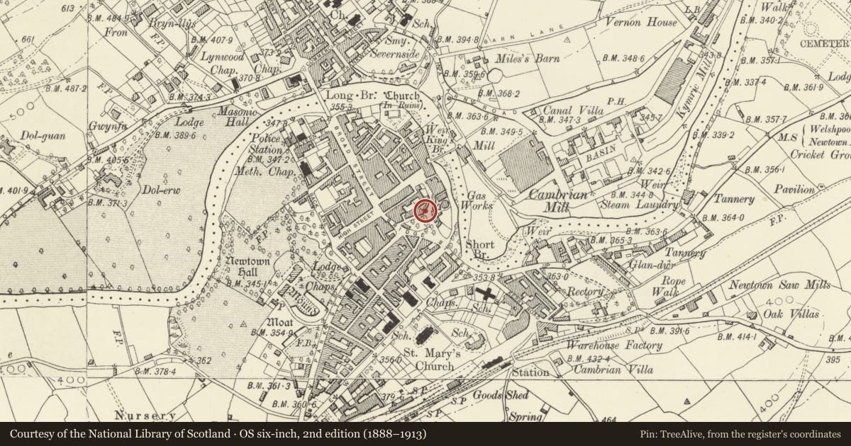 Ordnance Survey six-inch map, 2nd edition (1888–1913) covering the location of Bank Place, Newtown and Llanllwchaiarn, Powys, with a pin at the register's coordinates