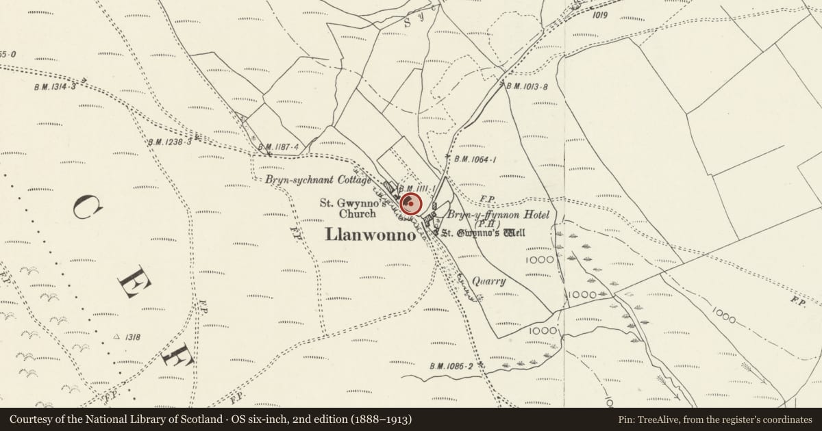 Ordnance Survey six-inch map, 2nd edition (1888–1913) covering the location of Grave of Guto Nyth Bran, Ynysybwl and Coed-y-Cwm, Rhondda Cynon Taff, with a pin at the register's coordinates