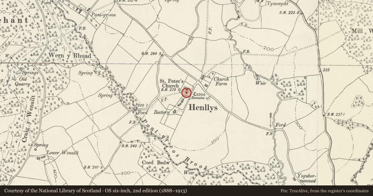 Ordnance Survey six-inch map, 2nd edition (1888–1913) covering the location of Remains of churchyard cross, Church of Saint Peter, Henllys, Torfaen, with a pin at the register's coordinates