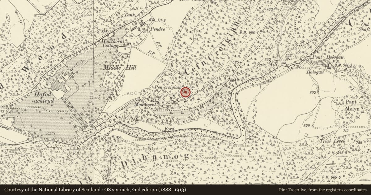 Ordnance Survey six-inch map, 2nd edition (1888–1913) covering the location of Pencreigiau, Pontarfynach, Ceredigion, with a pin at the register's coordinates