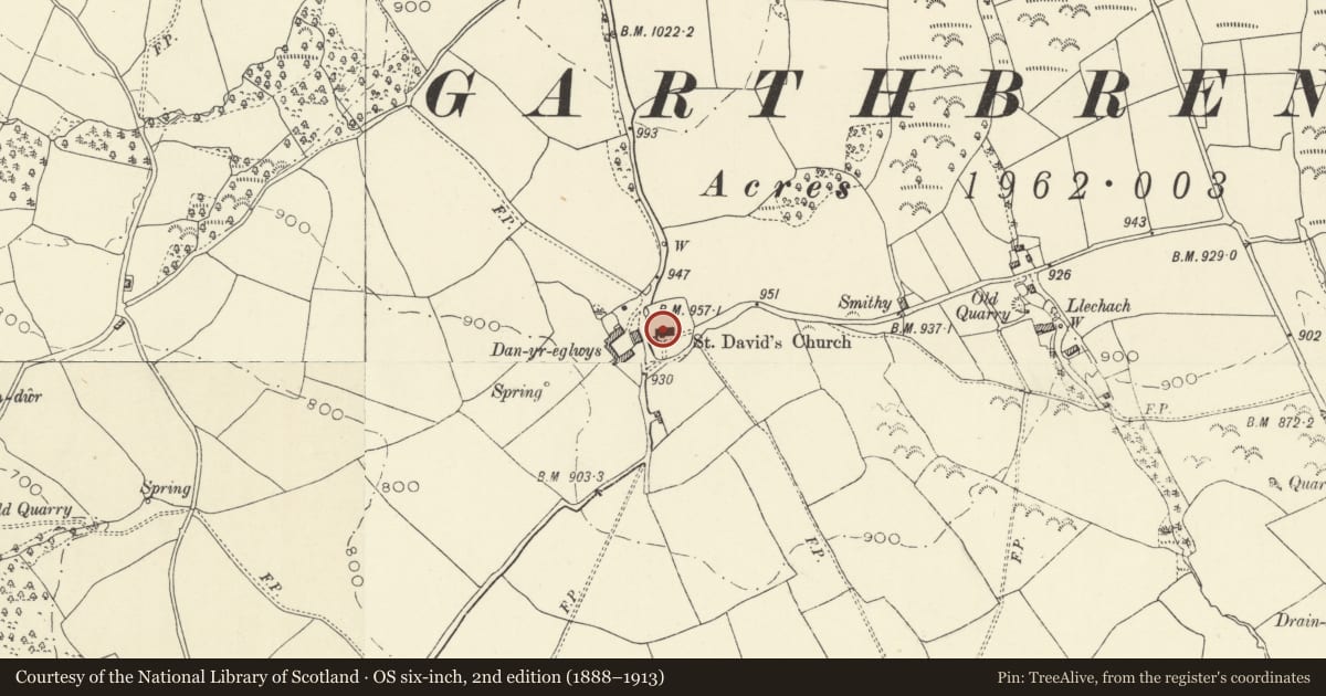 Ordnance Survey six-inch map, 2nd edition (1888–1913) covering the location of Church of Saint David, Honddu Isaf, Powys, with a pin at the register's coordinates