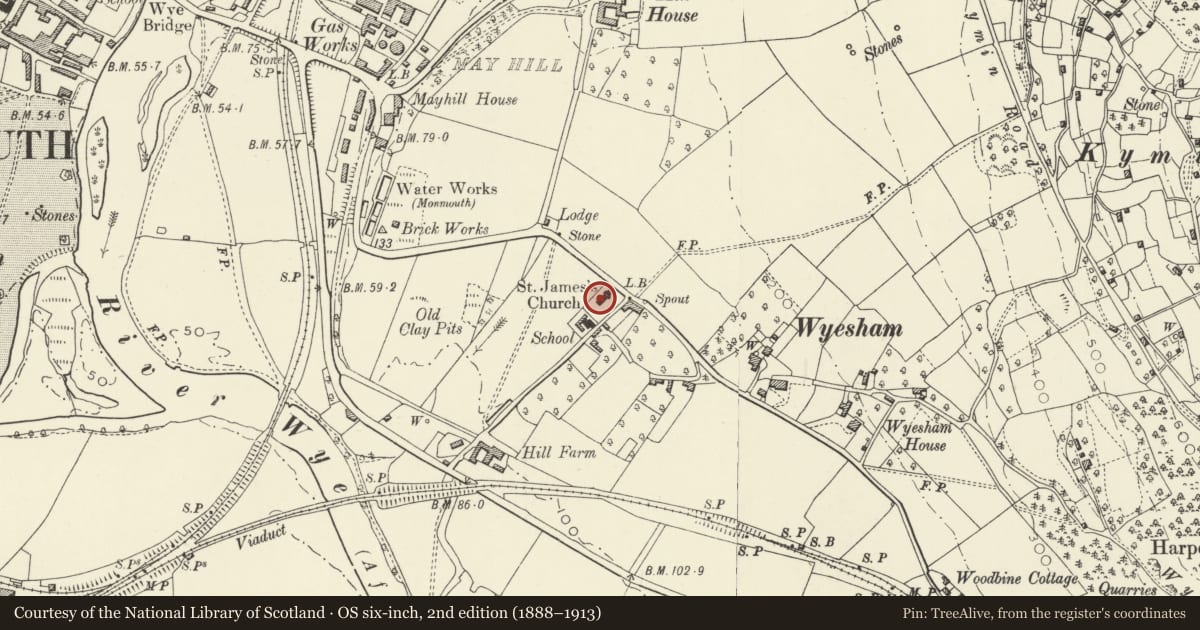 Ordnance Survey six-inch map, 2nd edition (1888–1913) covering the location of Church of St. James, Monmouth, Monmouthshire, with a pin at the register's coordinates