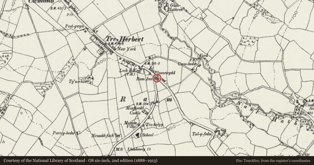 Ordnance Survey six-inch map, 2nd edition (1888–1913) covering the location of Ram Inn, Pencarreg, Carmarthenshire, with a pin at the register's coordinates