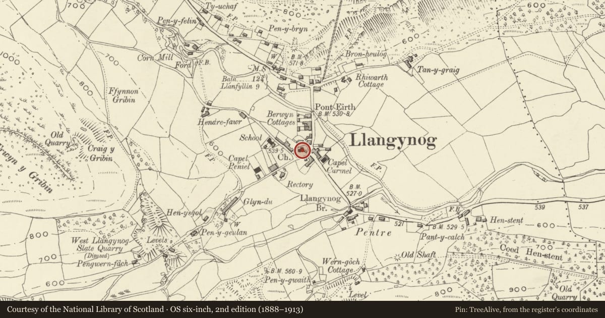 Ordnance Survey six-inch map, 2nd edition (1888–1913) covering the location of Church of St Cynog, Llangynog, Powys, with a pin at the register's coordinates